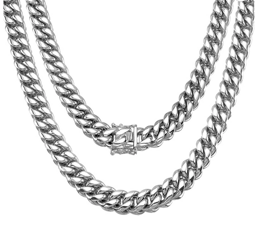 12mm Stainless Steel Cuban Link Chain Silver Tone Hip Hop Rapper Jewelry 16 - 30in.
