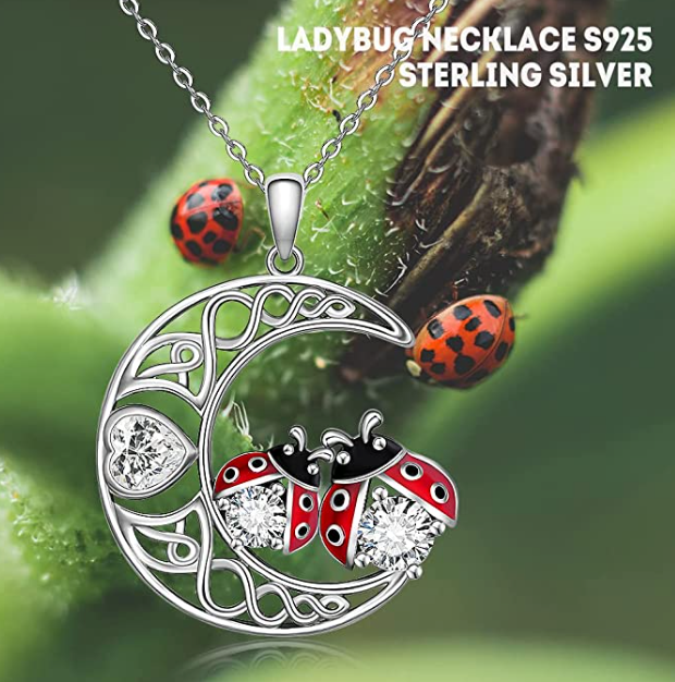 Ladybug Moon Heart Necklace Diamond Pendant  Laby Bug Moon Celtic Jewelry Lucky Chain Birthday Gift 925 Sterling Silver 20in.