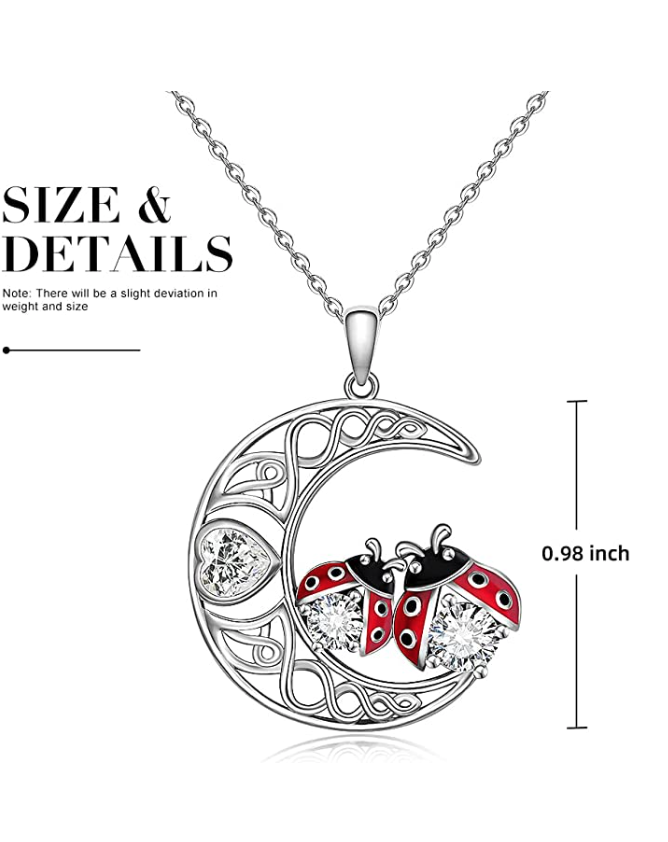 Ladybug Moon Heart Necklace Diamond Pendant  Laby Bug Moon Celtic Jewelry Lucky Chain Birthday Gift 925 Sterling Silver 20in.