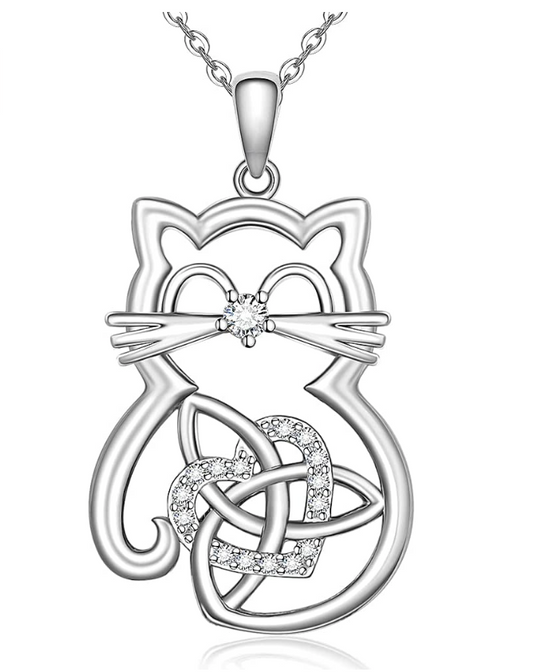 Celtic Cat Necklace Heart Diamond Pendant Love Kitty Cat Jewelry Lucky Chain Birthday Gift 925 Sterling Silver 20in.