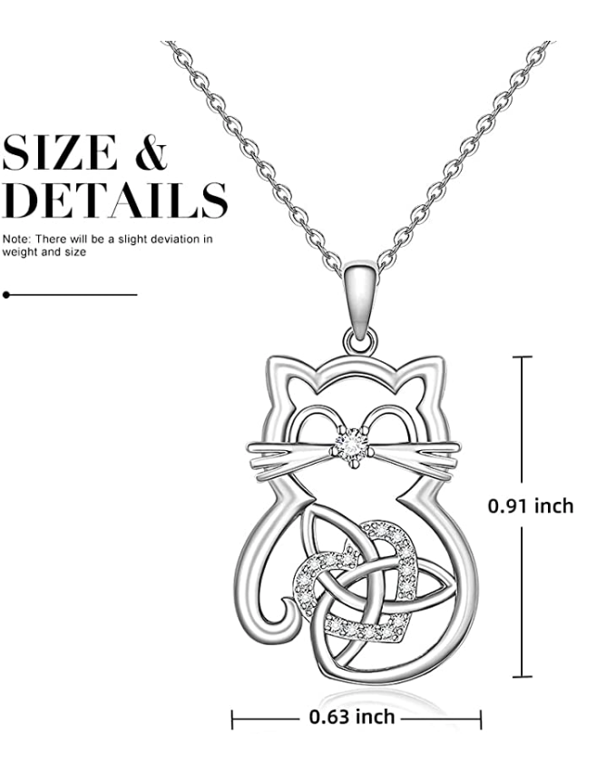 Celtic Cat Necklace Heart Diamond Pendant Love Kitty Cat Jewelry Lucky Chain Birthday Gift 925 Sterling Silver 20in.
