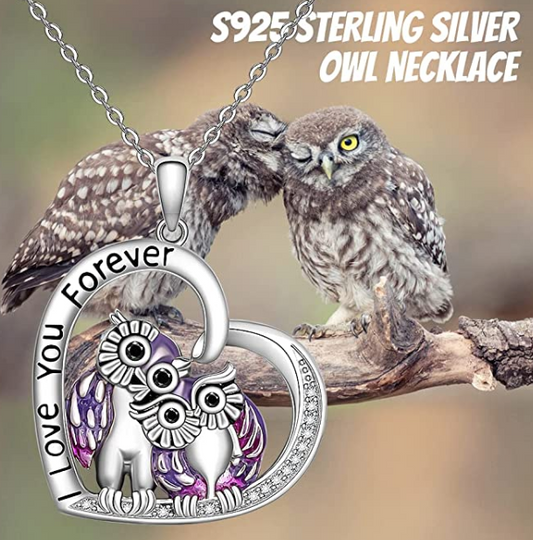 Owl Family Necklace Diamond Heart Pendant Love Owls Jewelry Lucky Chain Birthday Gift 925 Sterling Silver 20in.