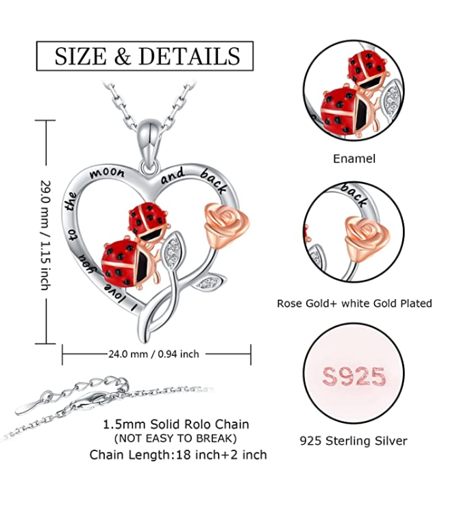 Rose Heart Ladybug Necklace Diamond Pendant Lady Bug Flower Jewelry Lucky Chain Birthday Gift 925 Sterling Silver 20in.