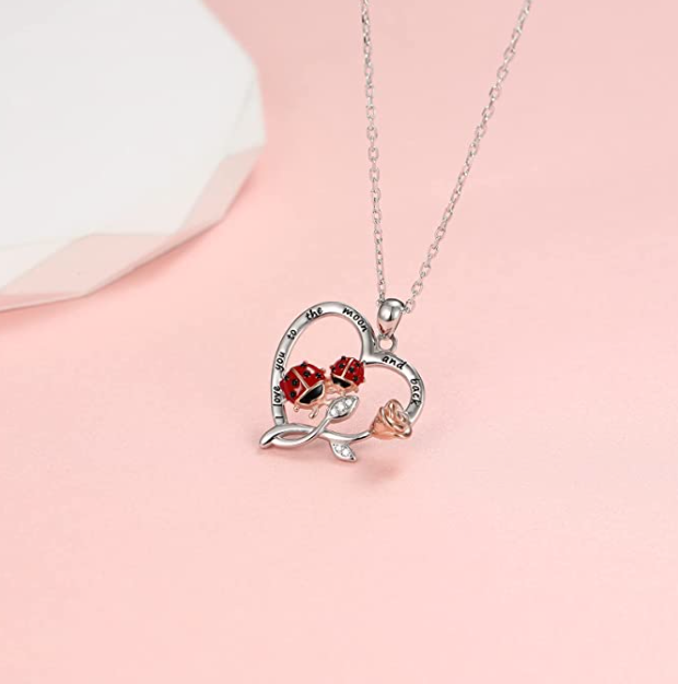 Rose Heart Ladybug Necklace Diamond Pendant Lady Bug Flower Jewelry Lucky Chain Birthday Gift 925 Sterling Silver 20in.