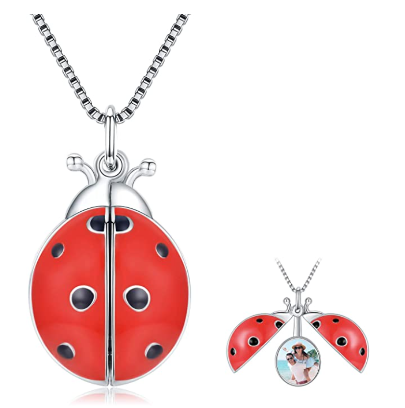 Cute Red Ladybug Locket Picture Necklace Pendant Lady Bug Photo Locket Jewelry Lucky Chain Birthday Gift 925 Sterling Silver 20in.