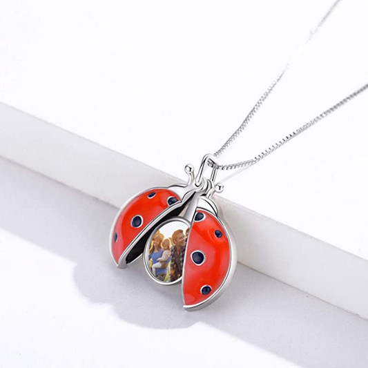 Cute Red Ladybug Locket Picture Necklace Pendant Lady Bug Photo Locket Jewelry Lucky Chain Birthday Gift 925 Sterling Silver 20in.