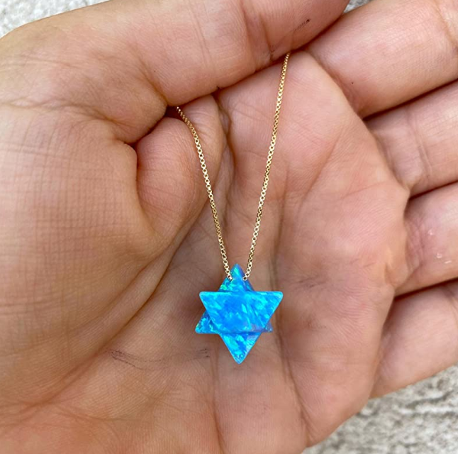 Blue Opal Merkaba Star Tetrahedron Necklace Pendulum Healing Reiki Pendant Chain Sacred Geometry Kabbalah Jewelry Gold 925 Sterling Silver 18in.