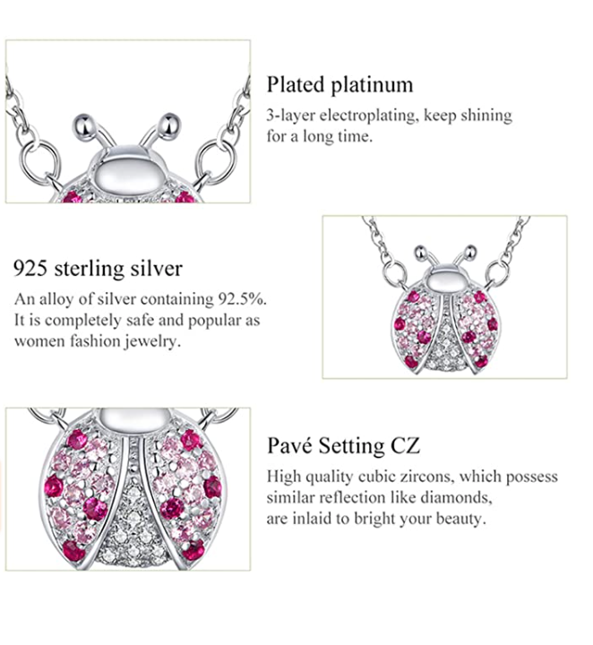 Ladybug Pink Diamond Necklace Pendant Love Ladybug Jewelry Lucky Chain Birthday Gift 925 Sterling Silver 20in.