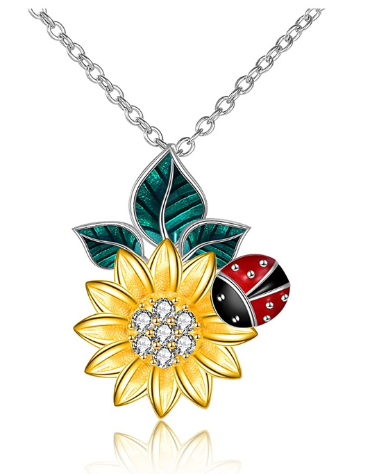 Yellow Sunflower Ladybug Diamond Necklace Pendant Ladybug Daisy Flower Jewelry Lucky Chain Birthday Gift 925 Sterling Silver 20in.