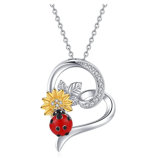 Yellow Flower Ladybug Diamond Heart Necklace Pendant Ladybug Daisy Sun Flower Jewelry Lucky Chain Birthday Gift 925 Sterling Silver 20in.