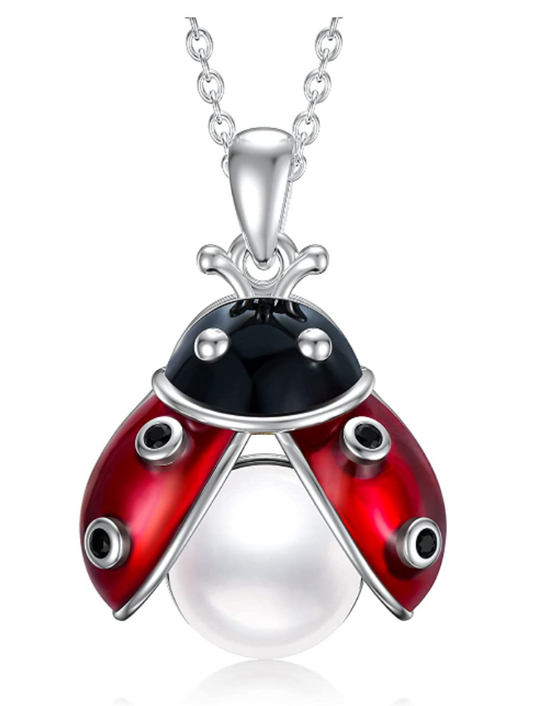 Ladybug Pearl Necklace Pendant Pearl Ladybug Jewelry Lucky Chain Birthday Gift 925 Sterling Silver 20in.