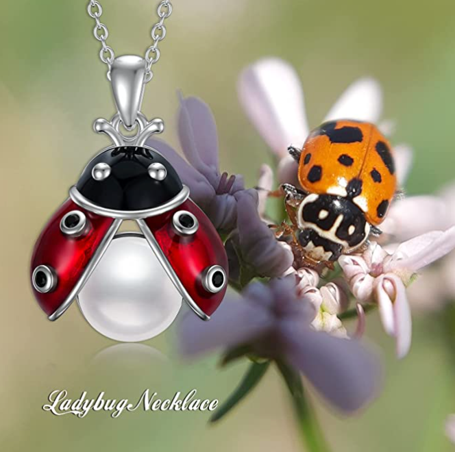 Ladybug Pearl Necklace Pendant Pearl Ladybug Jewelry Lucky Chain Birthday Gift 925 Sterling Silver 20in.