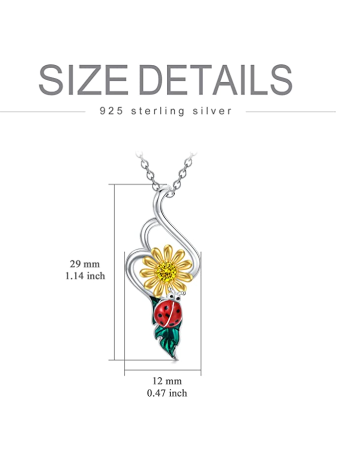 Cute Yellow Flower Ladybug Diamond Heart Necklace Pendant Ladybug Daisy Sun Flower Jewelry Lucky Chain Birthday Gift 925 Sterling Silver 20in.