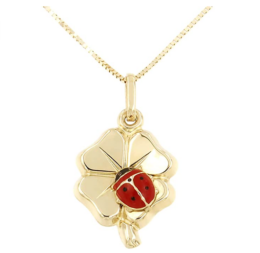 14K Gold Four Leaf Clover Necklace Ladybug Pendant Ladybug Flower Jewelry Lucky Chain Birthday Gift 18in.