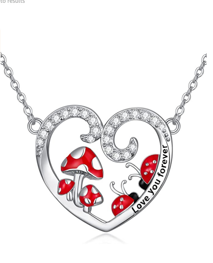 Ladybug Mushroom Heart Necklace Diamond Love Pendant Mushroom Lady Bug Jewelry Lucky Chain Birthday Gift 925 Sterling Silver 20in.