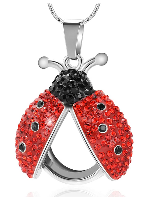 Ladybug Memorial Necklace Pendant Glass Locket Ash Holder Keepsake Cremation Lady Bug Jewelry Lucky Chain Birthday Gift 925 Sterling Silver 20in.