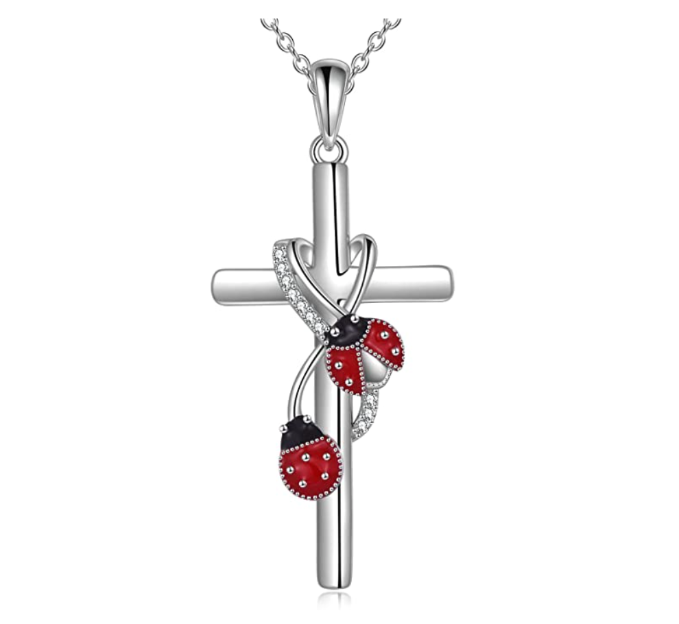 Red Ladybug Cross Pendant Simulated Diamond Holy Cross Necklace Lady Bug Jewelry Insect Lucky Bug Chain Birthday Gift 925 Sterling Silver 20in.
