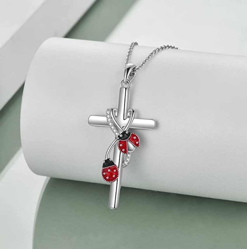 Red Ladybug Cross Pendant Diamond Holy Cross Necklace Lady Bug Jewelry Insect Lucky Bug Chain Birthday Gift 925 Sterling Silver 20in.