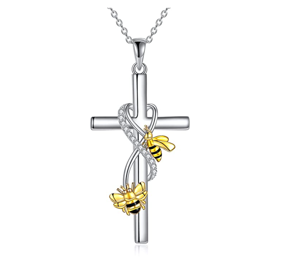 Yellow Bumble Bee Cross Pendant Simulated Diamond Holy Cross Necklace Bumblebee Jewelry Insect Lucky Bug Chain Birthday Gift 925 Sterling Silver 20in.