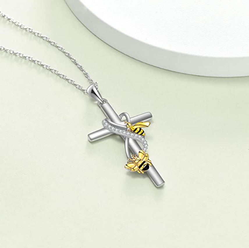 Yellow Bumble Bee Cross Pendant Simulated Diamond Holy Cross Necklace Bumblebee Jewelry Insect Lucky Bug Chain Birthday Gift 925 Sterling Silver 20in.