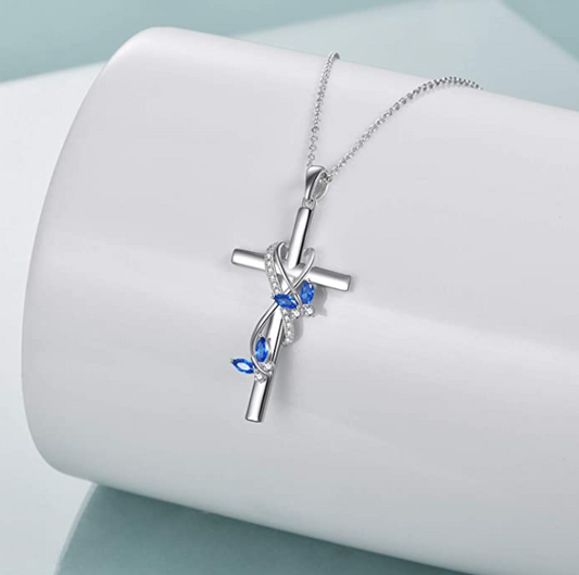 Blue Butterfly Cross Pendant Simulated Diamond Holy Cross Necklace Butterfly Jewelry Chain Birthday Gift 925 Sterling Silver 20in.