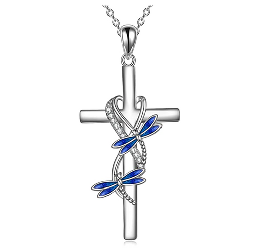 Blue Dragonfly Cross Pendant Simulated Diamond Holy Cross Necklace Dragonfly Jewelry Chain Birthday Gift 925 Sterling Silver 20in.