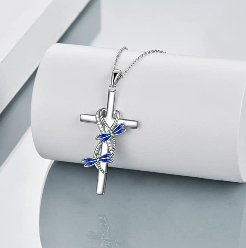 Blue Dragonfly Cross Pendant Simulated Diamond Holy Cross Necklace Dragonfly Jewelry Chain Birthday Gift 925 Sterling Silver 20in.