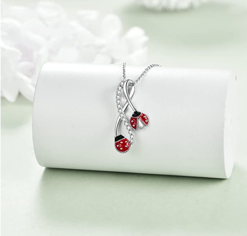 Cute Red Ladybug Pendant Diamond Necklace Lady Bug Jewelry Insect Lucky Bug Chain Birthday Gift 925 Sterling Silver 20in.