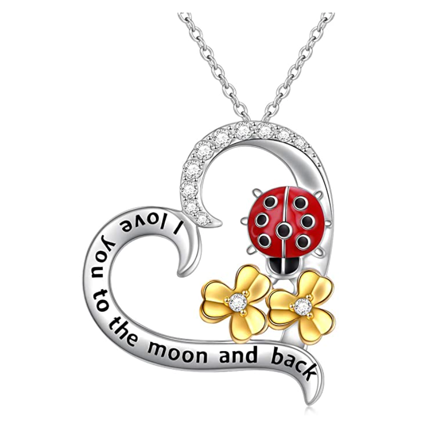 Ladybug Heart Pendant Diamond Necklace Love Lady Bug Jewelry Flower Insect Lucky Bug Chain Birthday Gift 925 Sterling Silver 20in.