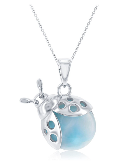 Ladybug Caribbean Natural Larimar Gemstone Necklace Pendant Lady Bug Jewelry Insect Lucky Bug Chain Birthday Gift 925 Sterling Silver 20in.