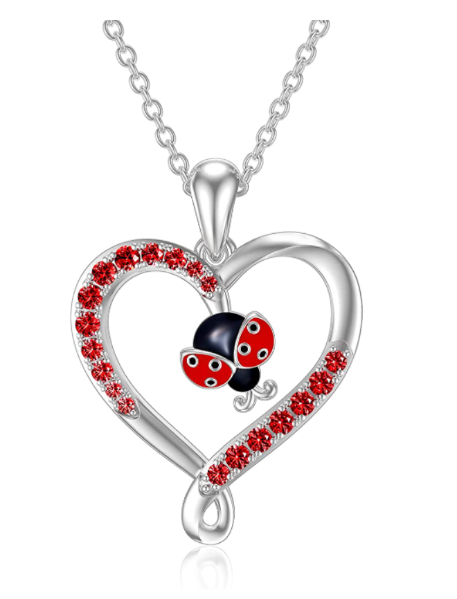 Ladybug Love Heart Necklace Red Diamond Pendant Lady Bug Jewelry Insect Lucky Bug Chain Birthday Gift 925 Sterling Silver 20in.