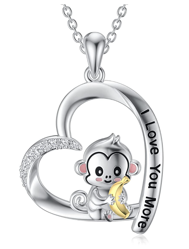 Monkey Love Heart Necklace Diamond Pendant Baby Monkey Banana Jewelry Chain Birthday Gift 925 Sterling Silver 20in.