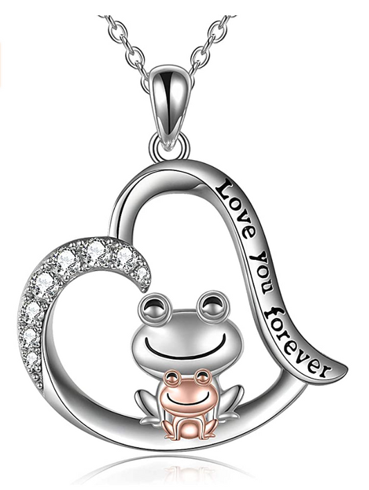 Frog Heart Necklace Diamond Pendant Baby Frog Family Jewelry Chain Birthday Gift 925 Sterling Silver 20in.