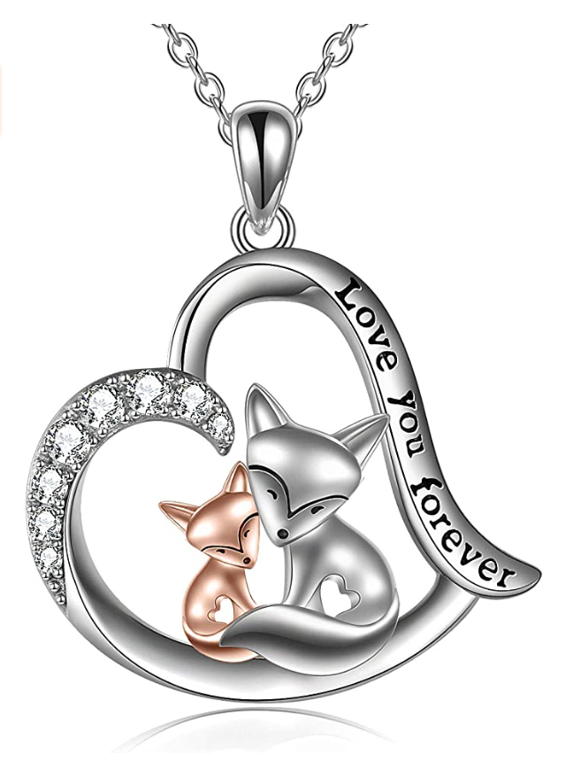 Fox Heart Necklace Diamond Pendant Baby Fox Family Jewelry Chain Birthday Gift 925 Sterling Silver 20in.