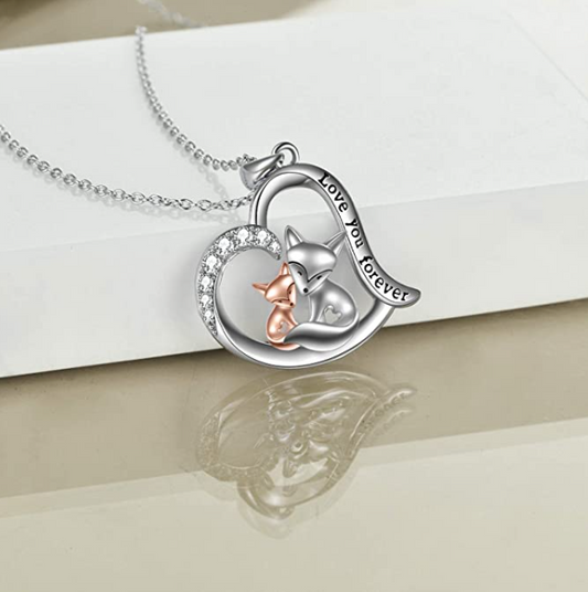 Fox Heart Necklace Diamond Pendant Baby Fox Family Jewelry Chain Birthday Gift 925 Sterling Silver 20in.