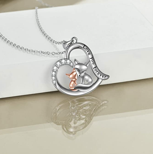 Fox Heart Necklace Diamond Pendant Baby Fox Family Jewelry Chain Birthday Gift 925 Sterling Silver 20in.