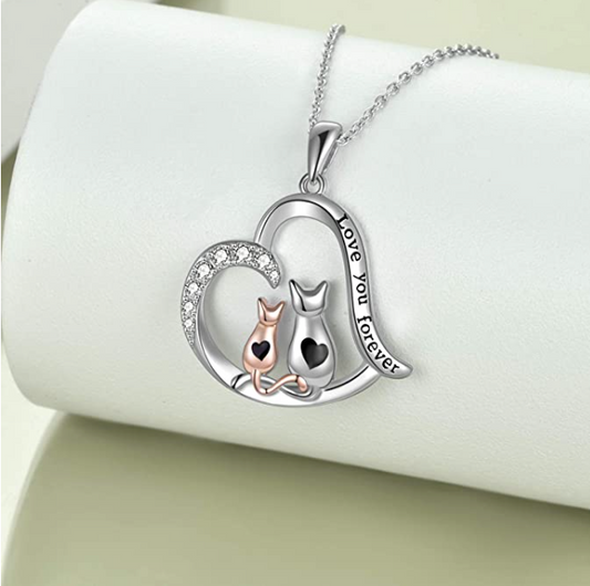 Kitty Cat Heart Necklace Diamond Pendant Baby Cats Family Jewelry Chain Birthday Gift 925 Sterling Silver 20in.
