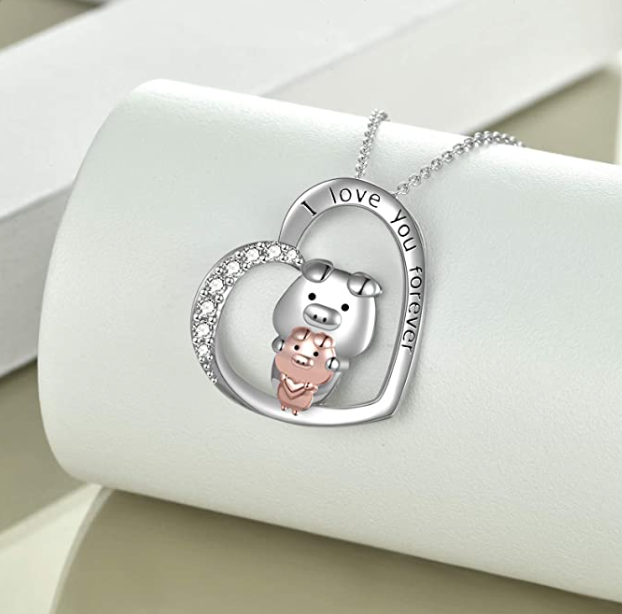 Pig Heart Necklace Diamond Pendant Baby Piglet Family Jewelry Chain Birthday Gift 925 Sterling Silver 20in.