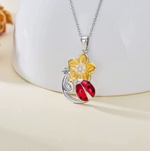 Cute Ladybug Flower Necklace Diamond Pendant Laby Bug Jewelry Lucky Flower Chain Birthday Gift 925 Sterling Silver 20in.