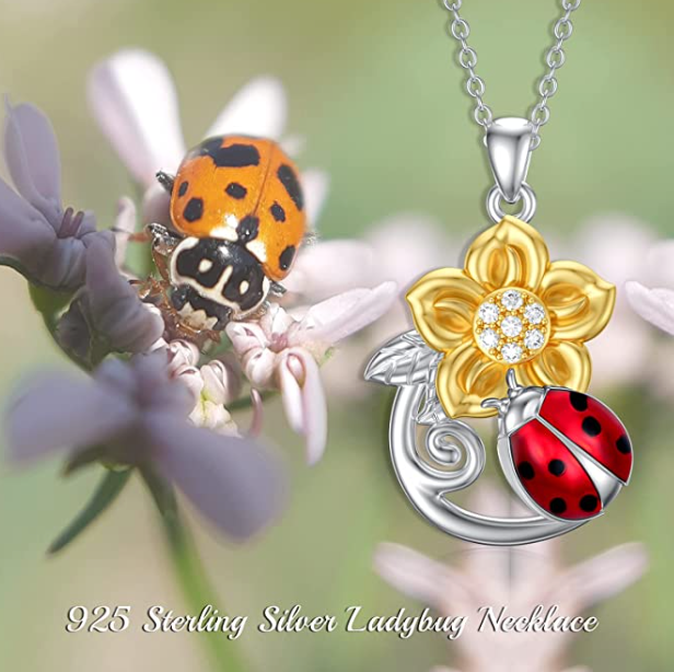 Cute Ladybug Flower Necklace Diamond Pendant Laby Bug Jewelry Lucky Flower Chain Birthday Gift 925 Sterling Silver 20in.