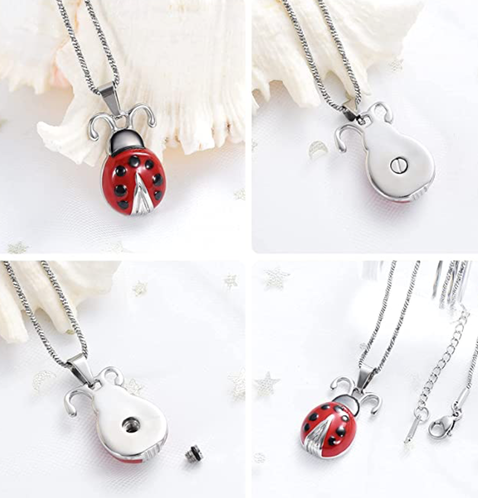 Ladybug Memorial Necklace Pendant Ashes Locket Cremation Ladybug Jewelry Lucky Chain Birthday Gift Stainless Steel 20in.