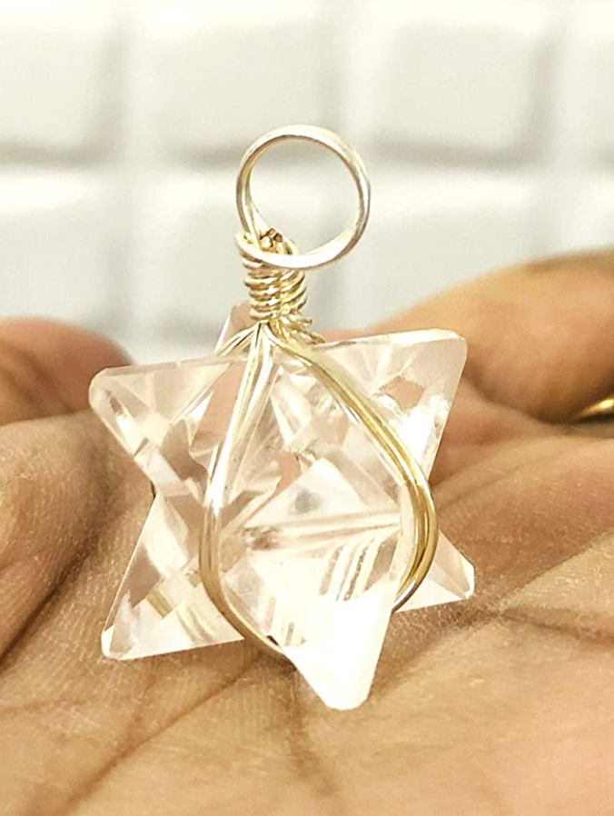 Natural Clear Quartz Merkaba Star Tetrahedron Pendant Necklace Pendulum Healing Reiki Pendant Chain Sacred Geometry Kabbalah Jewelry 1 inch.