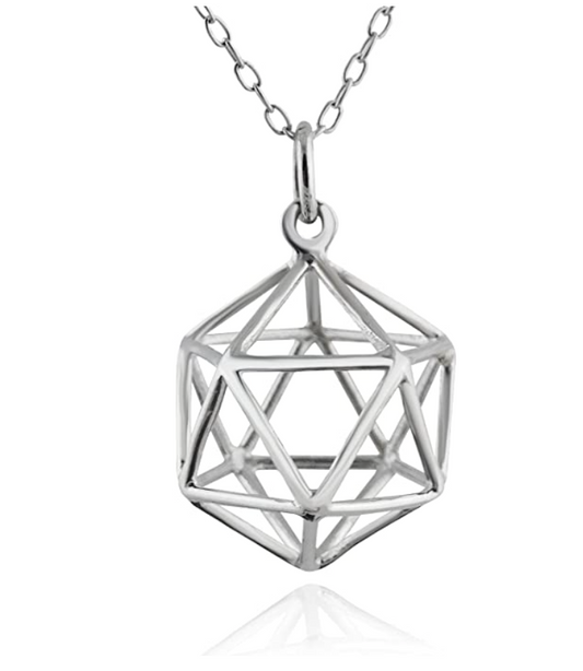 3D Icosahedron Geometric Cage Pendant Merkaba Necklace Love Pendulum Healing Reiki Pendant Chain Sacred Geometry Kabbalah Jewelry 925 Sterling Silver 20in.