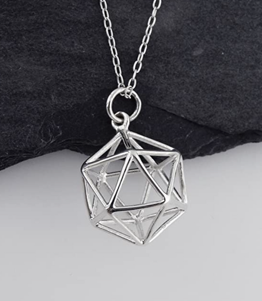 3D Icosahedron Geometric Cage Pendant Merkaba Necklace Love Pendulum Healing Reiki Pendant Chain Sacred Geometry Kabbalah Jewelry 925 Sterling Silver 20in.