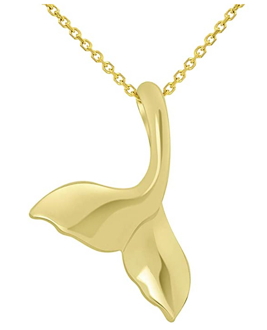 14k Gold Classic Curved Whale Tail Pendant for Necklace Chain Dolphin Whale Fin Beach Ocean Tropical Jewelry Hawaiian Gift.