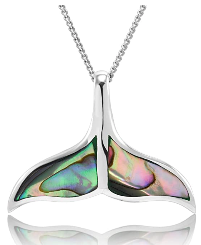 Abalone Shell Dolphin Mermaid Tail Pendant Necklace Chain Whale Fin Beach Ocean Tropical Jewelry Hawaiian Gift 925 Sterling Silver 20in.