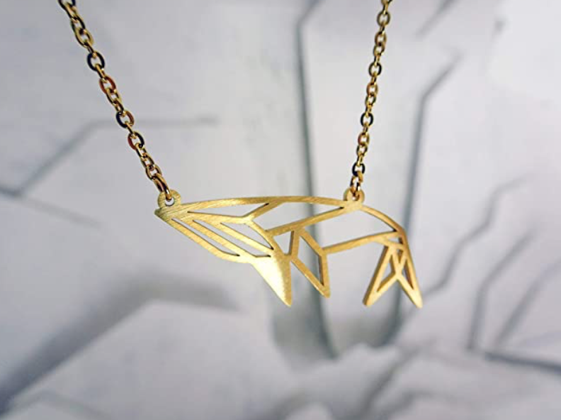 Origami Whale Necklace Pendant Geometric Whale Beach Ocean Tropical Jewelry Hawaiian Chain Gift Gold Silver Color 20in.