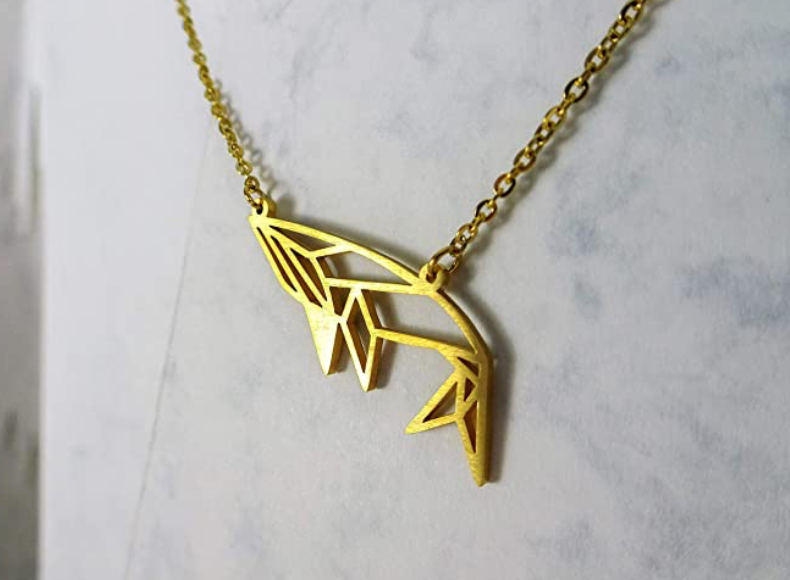 Origami Whale Necklace Pendant Geometric Whale Beach Ocean Tropical Jewelry Hawaiian Chain Gift Gold Silver Color 20in.