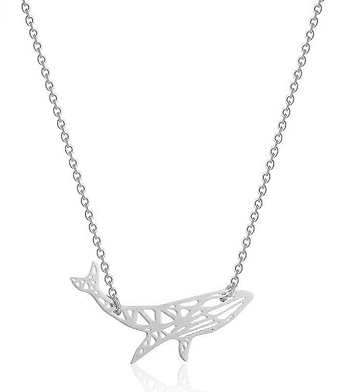 Silver Gold Origami Whale Necklace Pendant Geometric Whale Beach Ocean Tropical Jewelry Hawaiian Chain Gift 20in.
