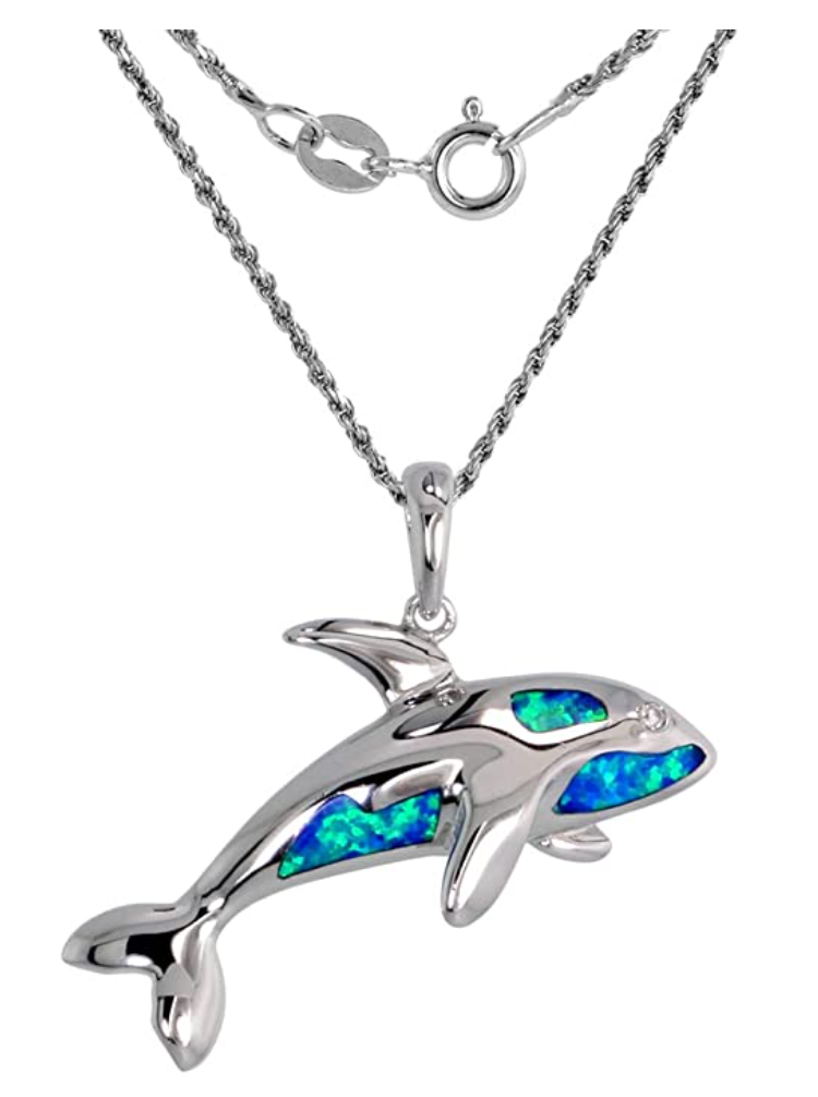 Blue Opal Orca Killer Whale 3D Necklace Diamond Pendant Killer Whale Beach Ocean Tropical Jewelry Hawaiian Chain Gift 925 Sterling Silver 20in.